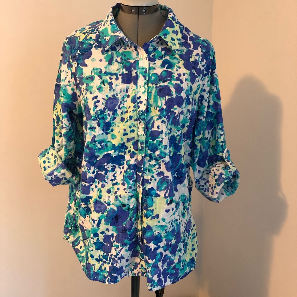 White Stag Blue floral shirt roll tab sleeves XL